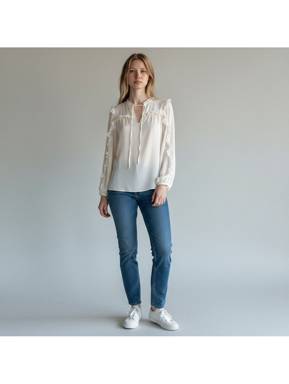 Loft Blouse Women S Small Beige V-Neck Tasseled Long Sleeve Pullover Casual